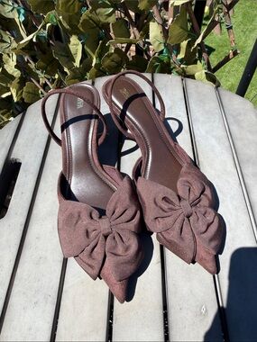 Zara Brown Pointed Toe Slingback Heels with Bow